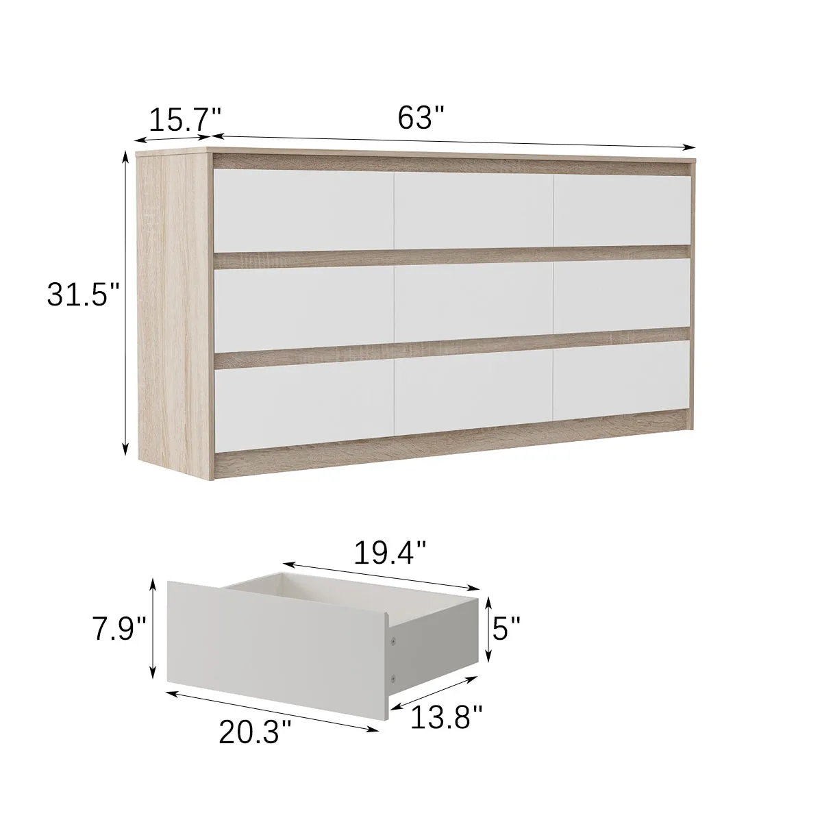 Wide Buffet Cabinet Triple Dresser Storage Sideboard with 9 Drawers