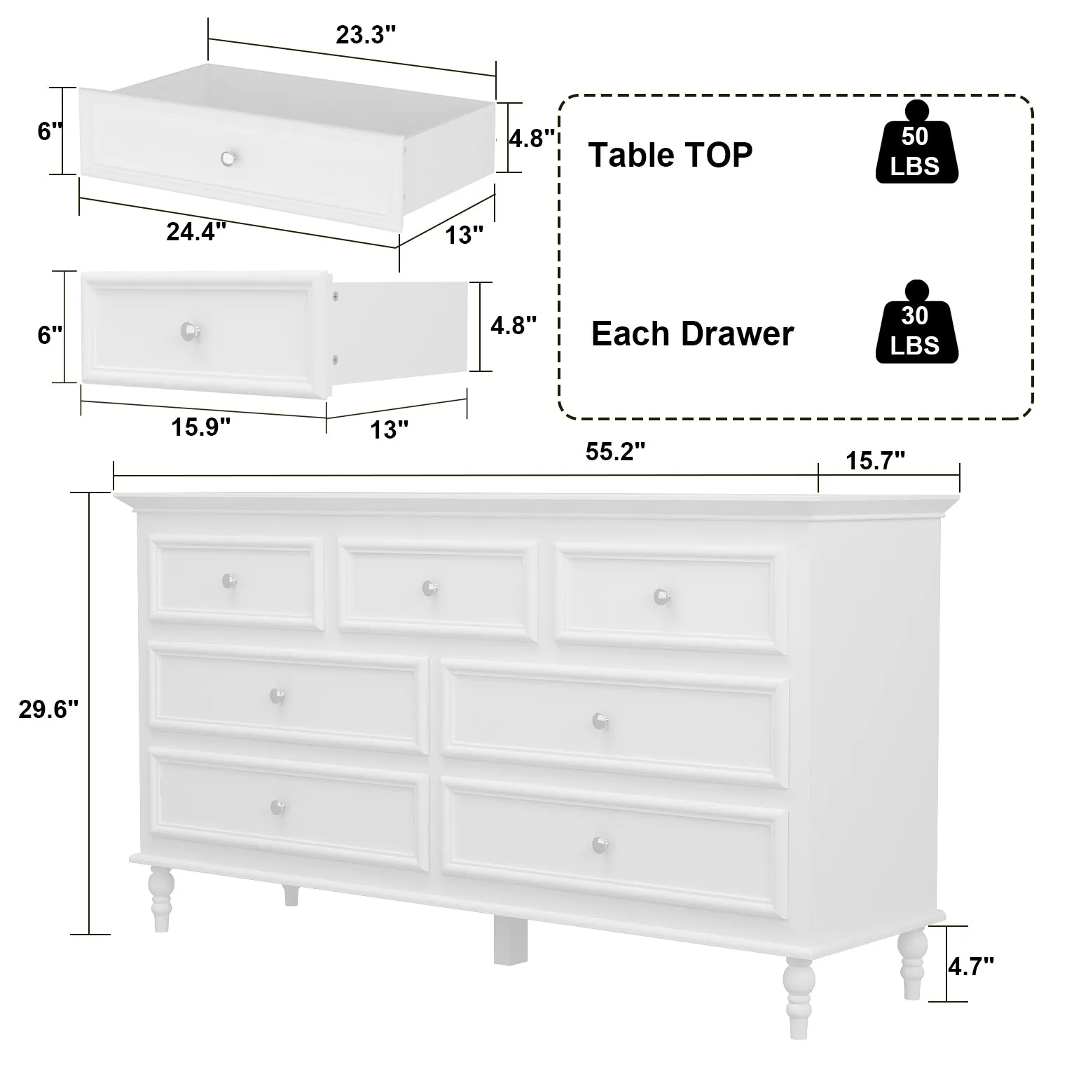 Wide Storage Cabinet with 7 Drawers Living Room Dresser Stylish Organizer