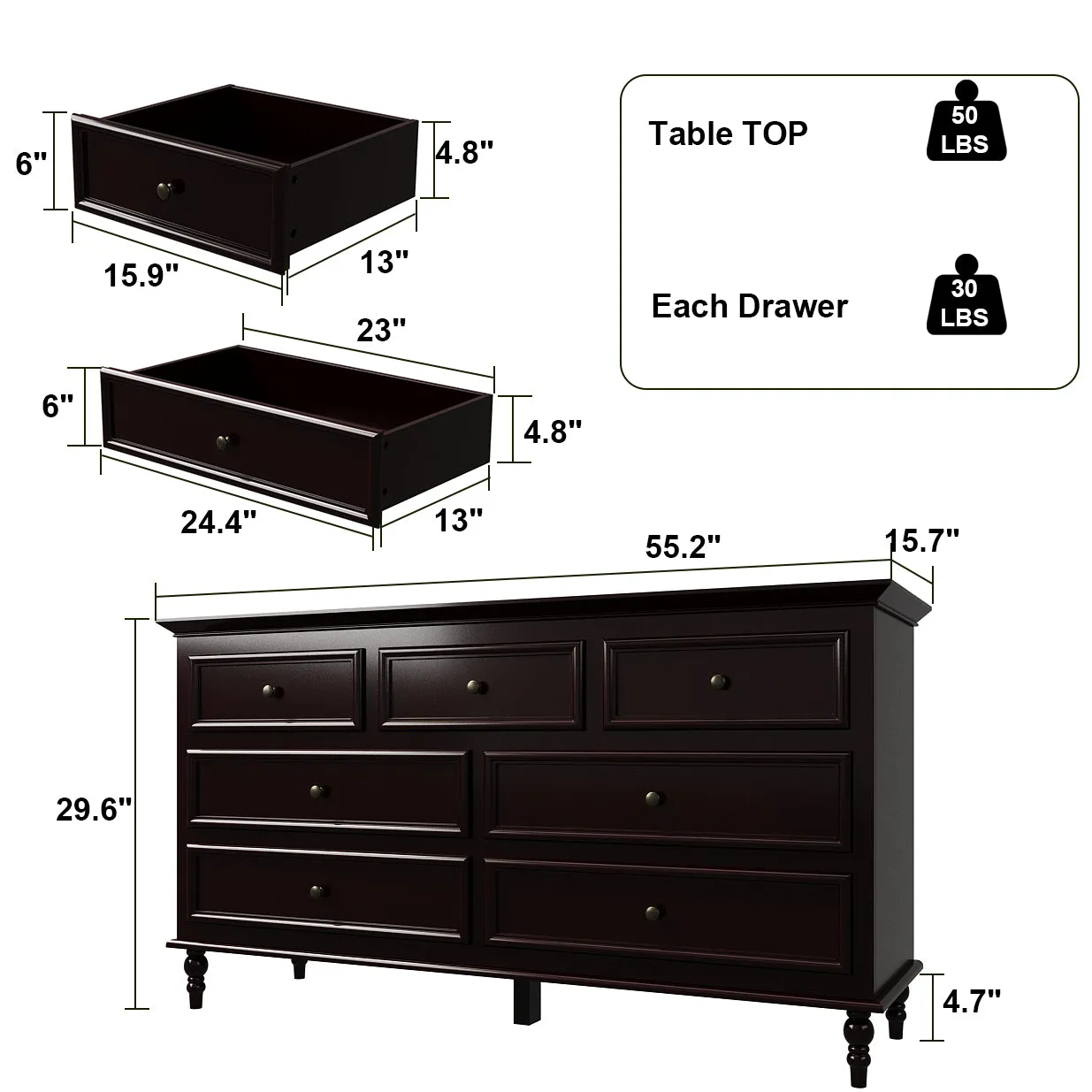 Wide Storage Cabinet with 7 Drawers Living Room Dresser Stylish Organizer