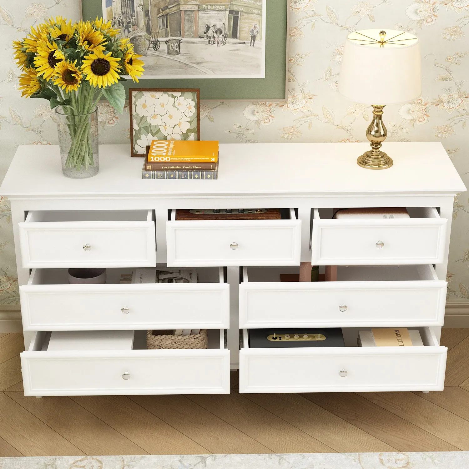 Wide Storage Cabinet with 7 Drawers Living Room Dresser Stylish Organizer