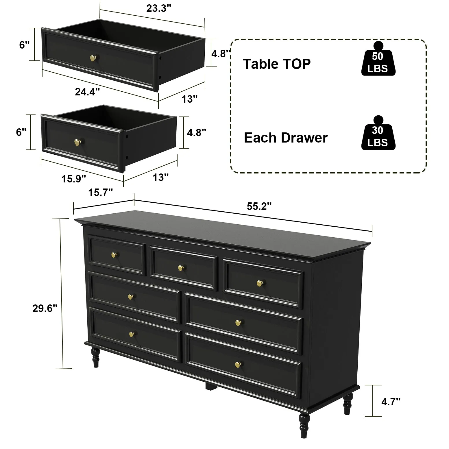 Wide Storage Cabinet with 7 Drawers Living Room Dresser Stylish Organizer