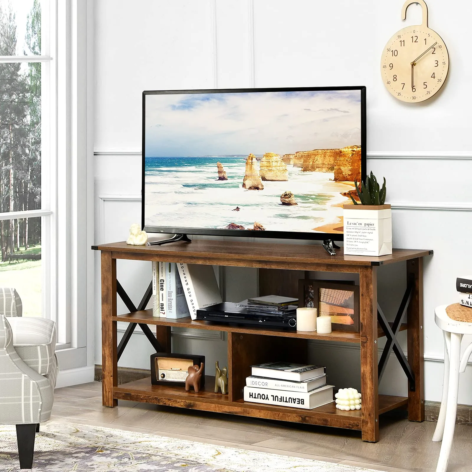 Wood TV Stand with Open Shelves and X-Shaped Frame, 3 Tier Entertainment Center for 55-Inch TV