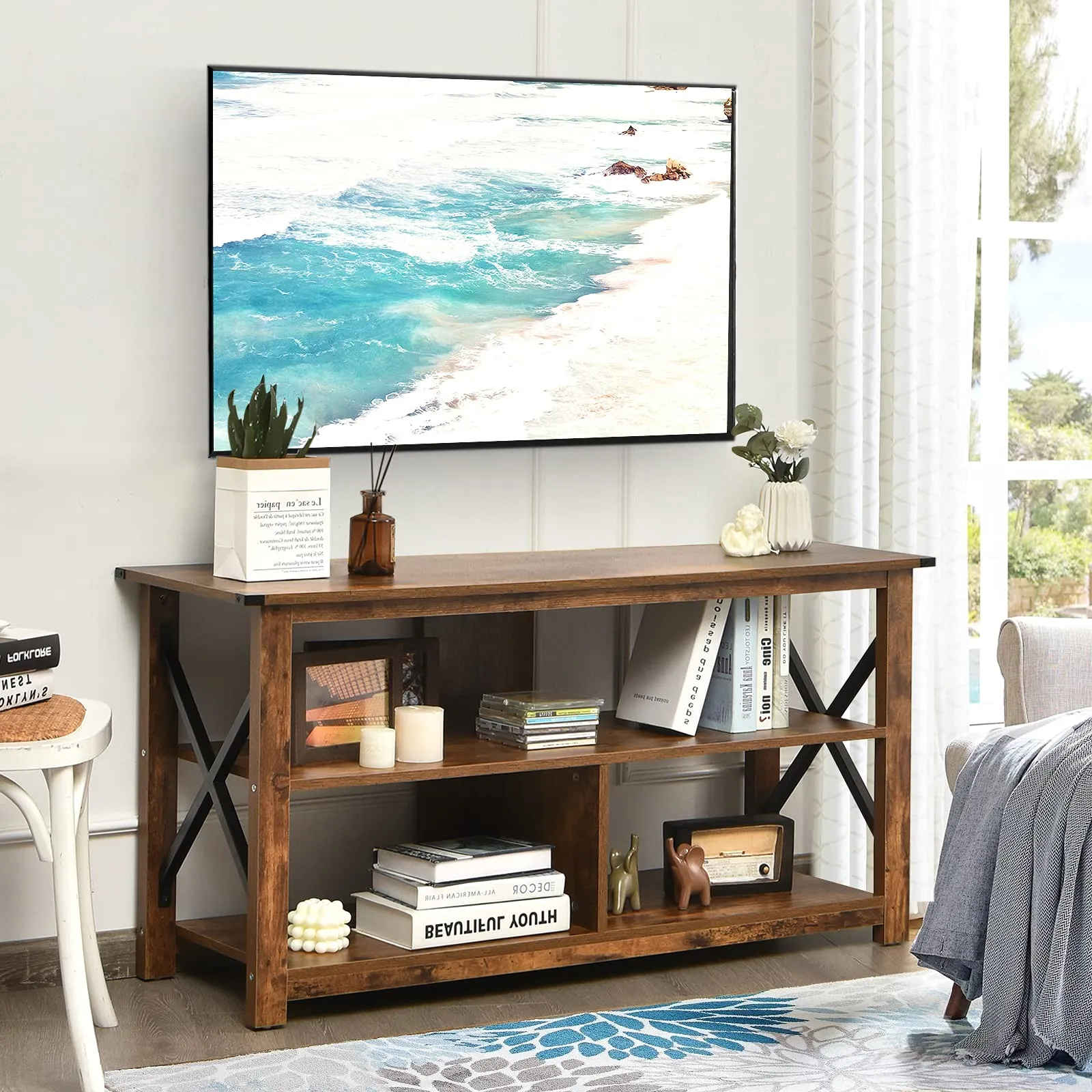 Wood TV Stand with Open Shelves and X-Shaped Frame, 3 Tier Entertainment Center for 55-Inch TV