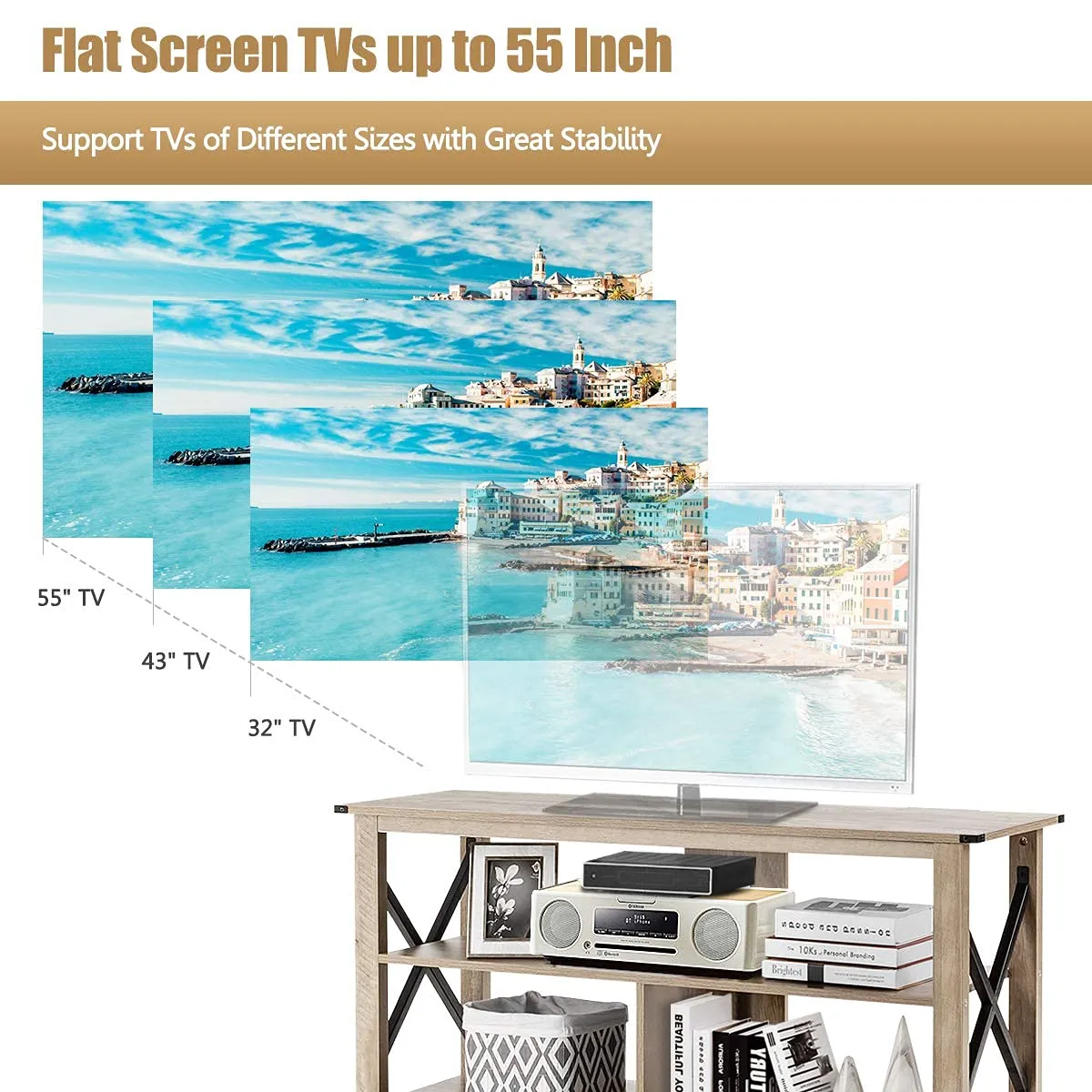 Wood TV Stand with Open Shelves and X-Shaped Frame, 3 Tier Entertainment Center for 55-Inch TV