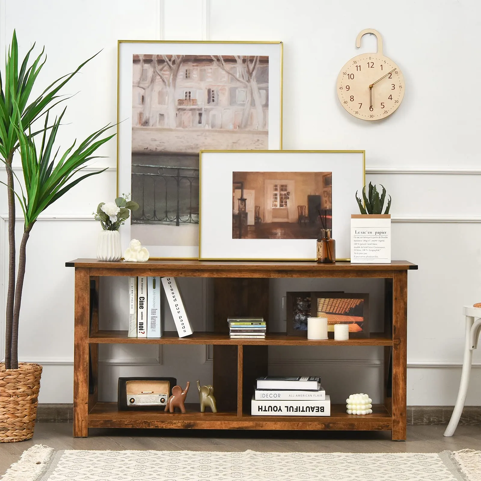 Wood TV Stand with Open Shelves and X-Shaped Frame, 3 Tier Entertainment Center for 55-Inch TV