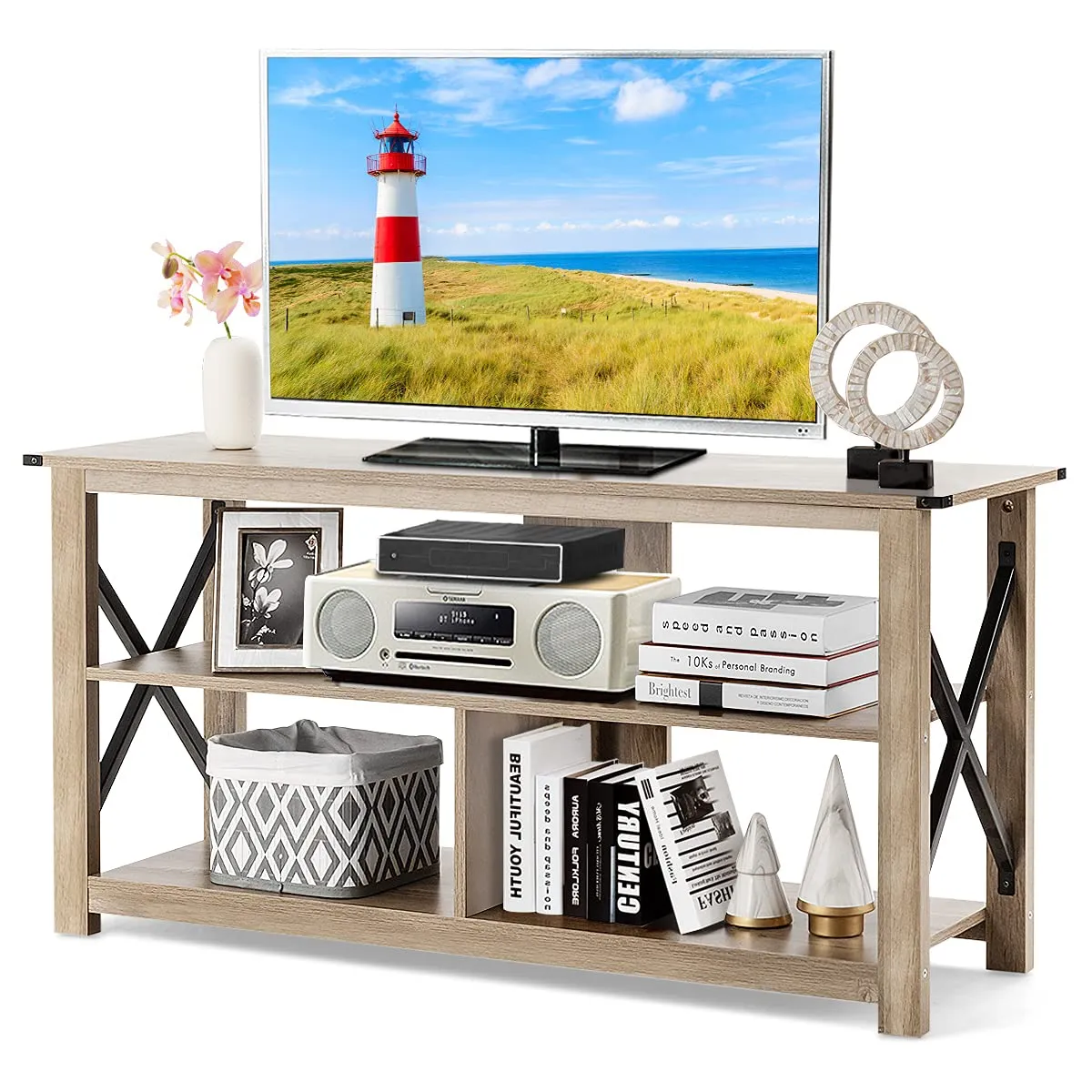 Wood TV Stand with Open Shelves and X-Shaped Frame, 3 Tier Entertainment Center for 55-Inch TV