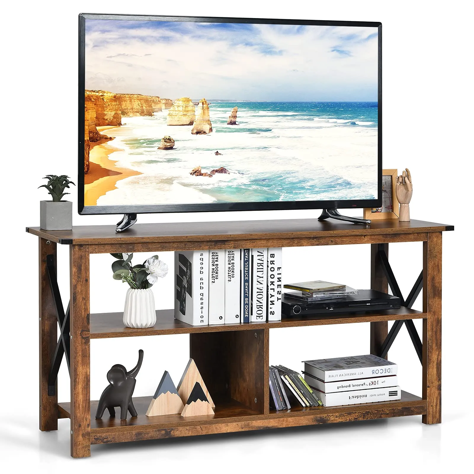 Wood TV Stand with Open Shelves and X-Shaped Frame, 3 Tier Entertainment Center for 55-Inch TV