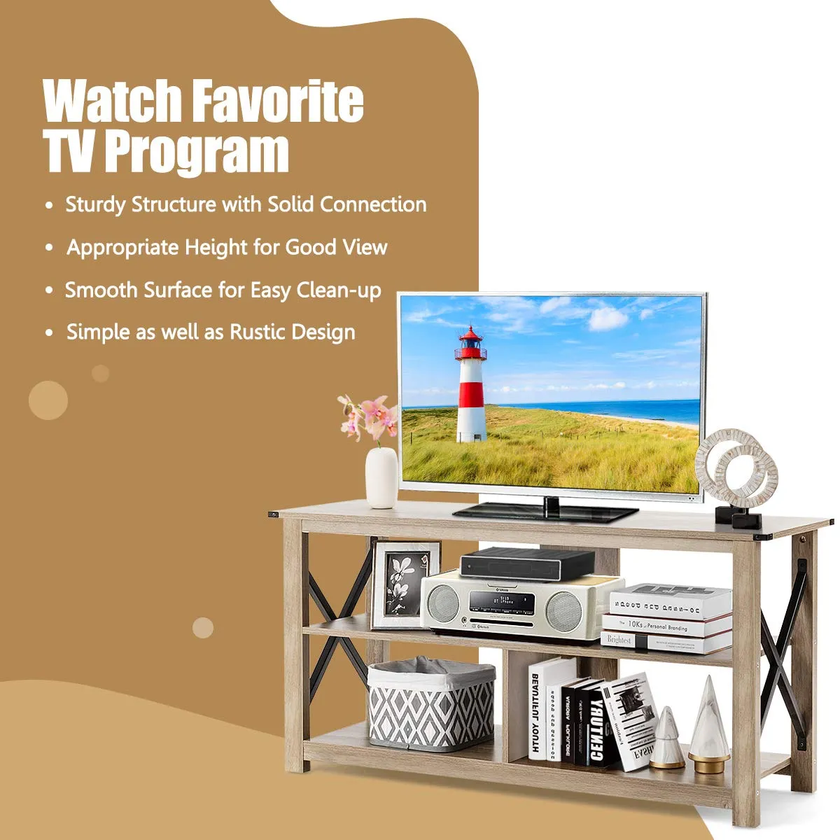 Wood TV Stand with Open Shelves and X-Shaped Frame, 3 Tier Entertainment Center for 55-Inch TV