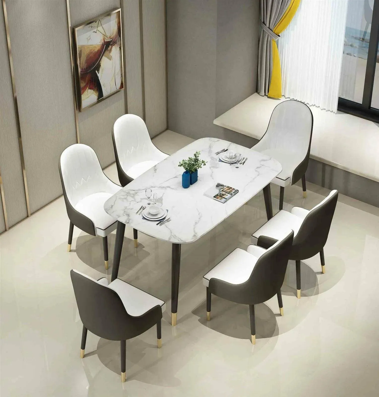 Wooden Twist Villoso Modern Rectangular Marble Top 6-Seater Dining Set with Black Iron Legs and Gold Corner Accents