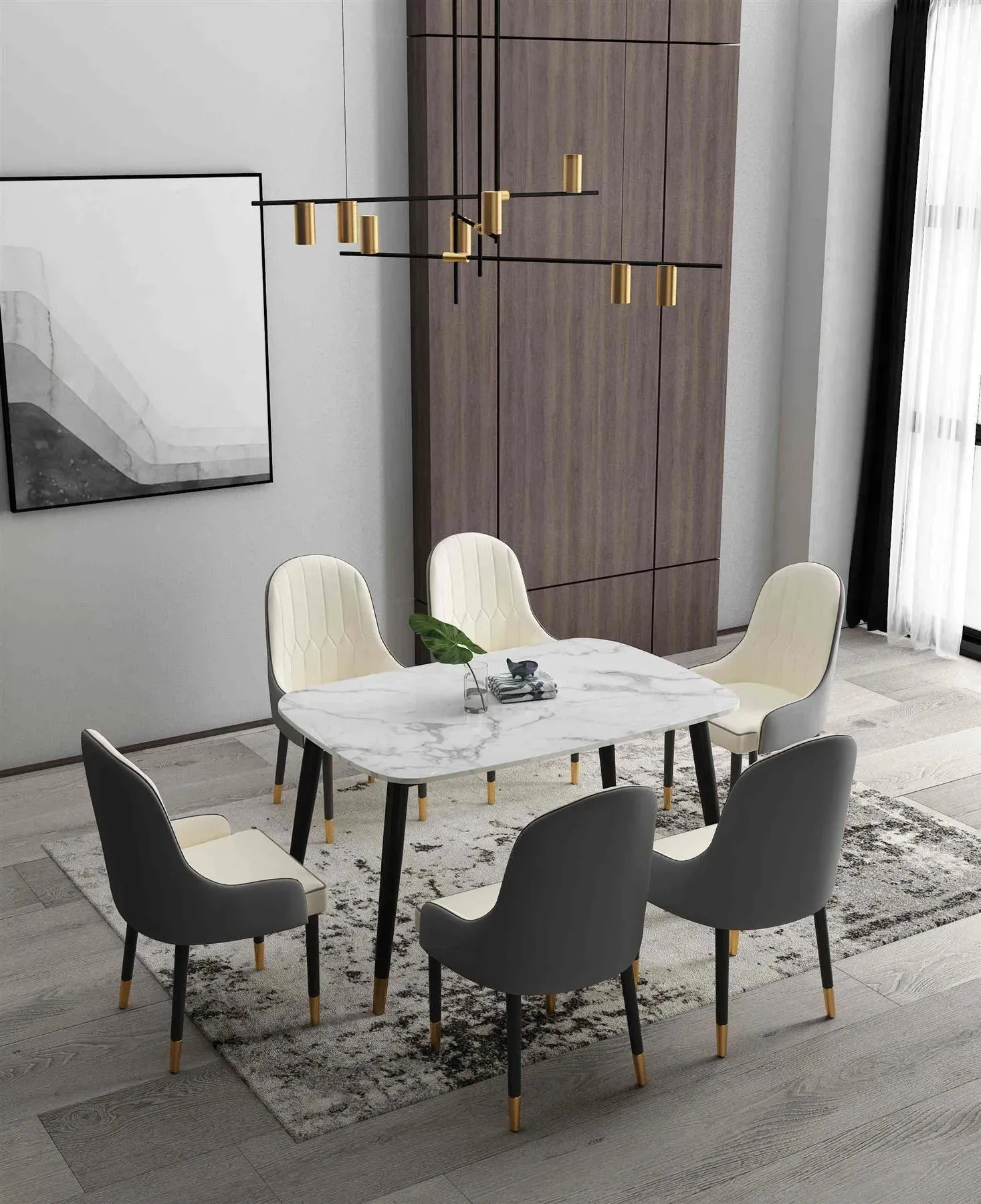 Wooden Twist Villoso Modern Rectangular Marble Top 6-Seater Dining Set with Black Iron Legs and Gold Corner Accents