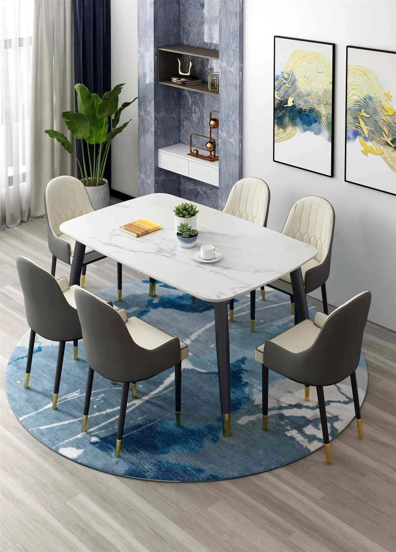 Wooden Twist Villoso Modern Rectangular Marble Top 6-Seater Dining Set with Black Iron Legs and Gold Corner Accents