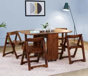 WoodFry Wooden Dining Table 4 Seater | Four Seater | Foldable Space Saving Dining with 4 Wheels | 1 Table and 4 Chairs | Solid Wood Sheesham, Finish Type : Honey