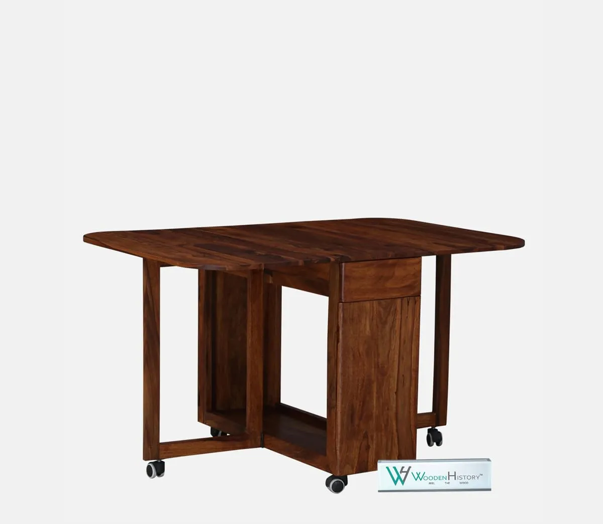 WoodFry Wooden Dining Table 4 Seater | Four Seater | Foldable Space Saving Dining with 4 Wheels | 1 Table and 4 Chairs | Solid Wood Sheesham, Finish Type : Honey