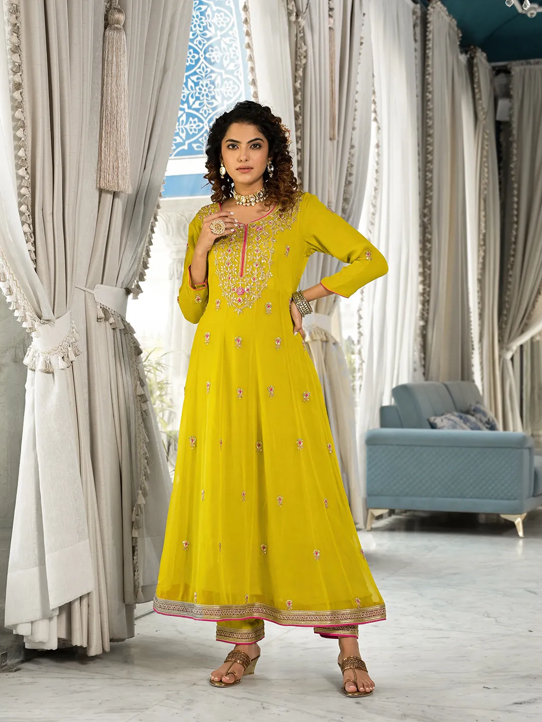 Yellow Zardozi Work Pure Georgette Anarkali Kurta Set With Dupatta