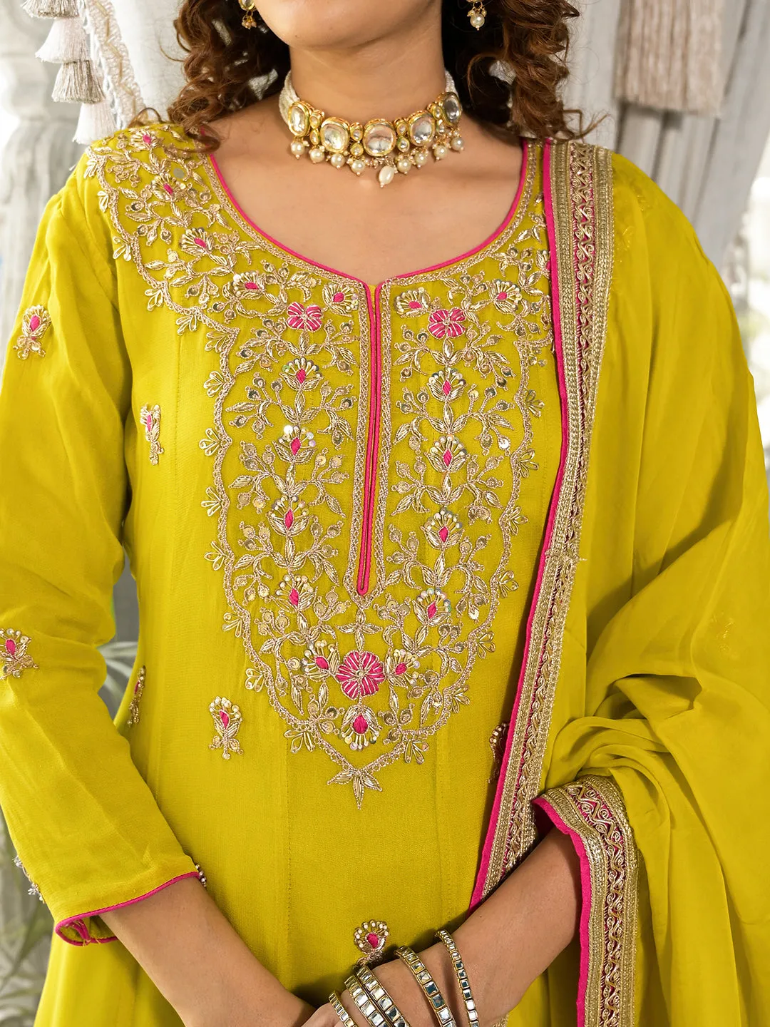 Yellow Zardozi Work Pure Georgette Anarkali Kurta Set With Dupatta