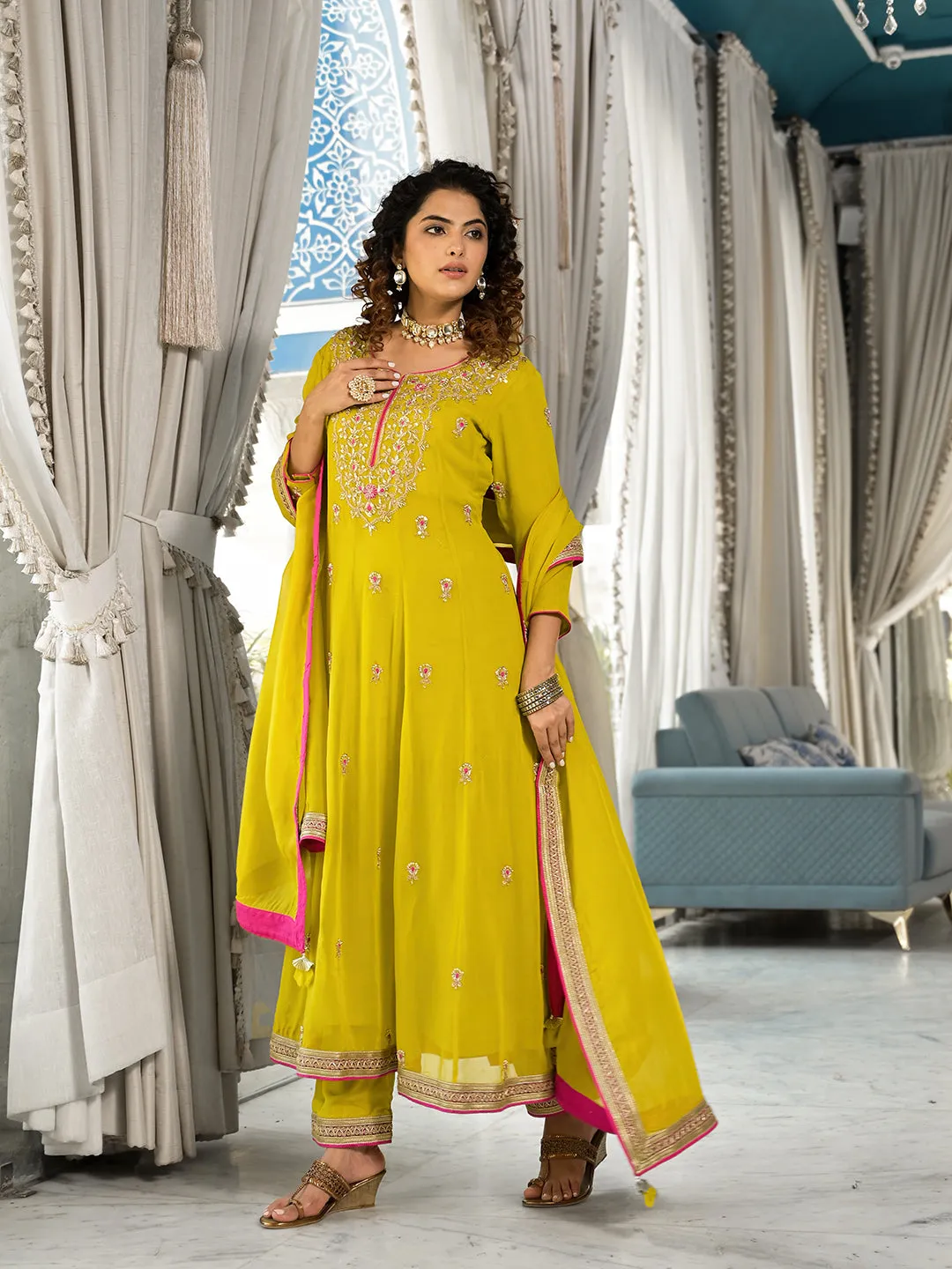 Yellow Zardozi Work Pure Georgette Anarkali Kurta Set With Dupatta